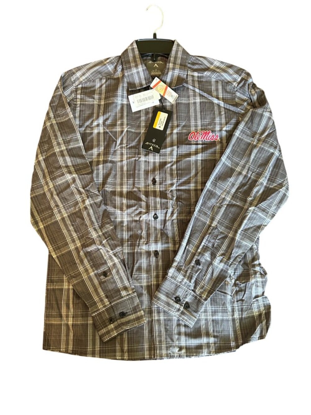 Antigua Mens Ole Miss College Gray Plaid Long Sleeve Shirt S New With Tags NCAA